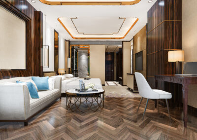 3d rendering beautiful luxury bedroom suite in hotel with tv and working table